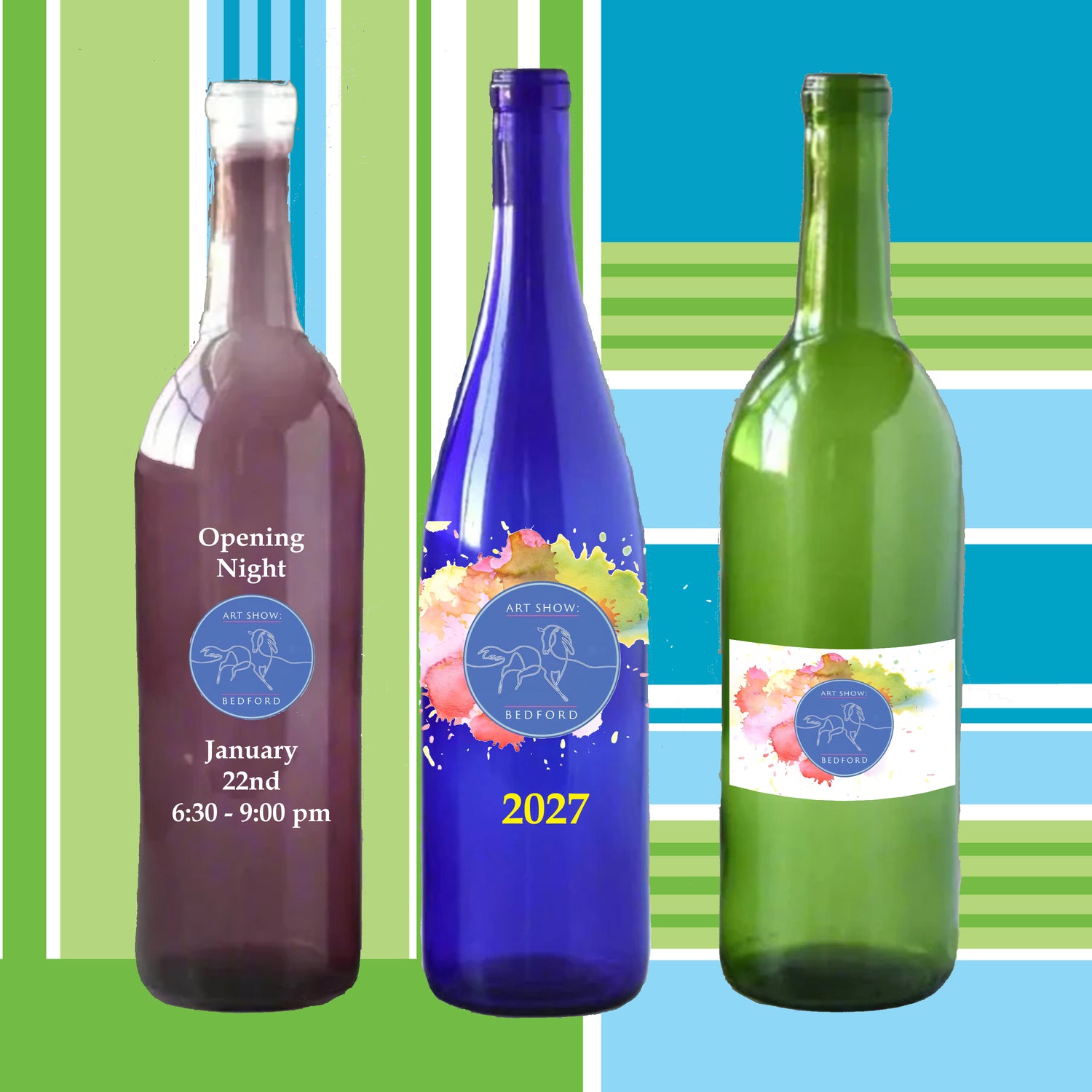 Three wine bottles with custom labels for 'Art Show Kentucky' displayed against a colorful striped background. The bottles are dark purple, deep blue, and green, each featuring a blue circular logo and different text designs.